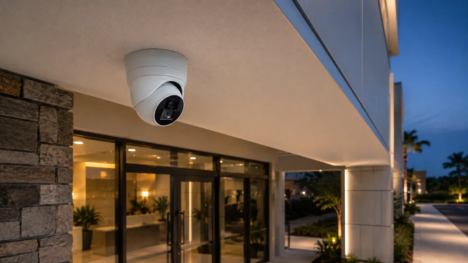 Close view of a professional turret camera installed beneath a commercial soffit.